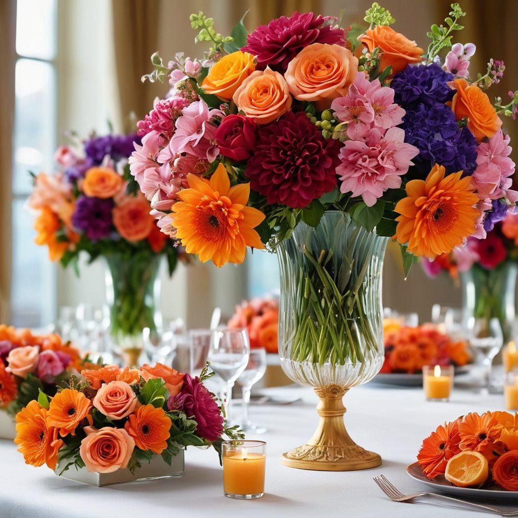 A stunning arrangement of various bouquets leading into an elegantly decorated event space filled with flowers, showcasing vibrant colors and intricate designs. Include a close-up of unique blossoms in the foreground, merging into a beautifully set table with floral centerpieces in the background. Soft natural lighting enhances the ambiance of mastery in floral artistry. super-realistic. vibrant colors. 3D.