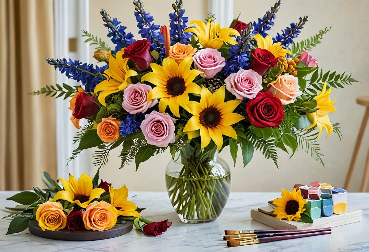 A vibrant floral arrangement featuring a variety of colorful blossoms, including roses, lilies, and sunflowers, beautifully arranged in an elegant vase. Surrounding the vase are art supplies such as paintbrushes and palettes, symbolizing creativity in floral design. Soft natural light filters in, enhancing the colors of the flowers. The background features a blurred garden setting, conveying a sense of nature and inspiration. super-realistic. vibrant colors. soft focus.