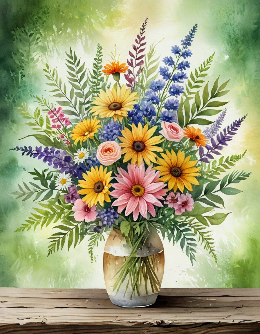 A beautifully arranged bouquet showcasing sustainable flowers, presented in a rustic wooden vase, surrounded by lush greenery and soft lighting. Include elements like recycled wrapping materials and natural textures, symbolizing eco-friendliness. In the background, display a serene environment with hints of nature, like a garden or a sunny meadow. Soft pastels and bright colors should dominate the scene, conveying warmth and joy. watercolor painting. vibrant colors.